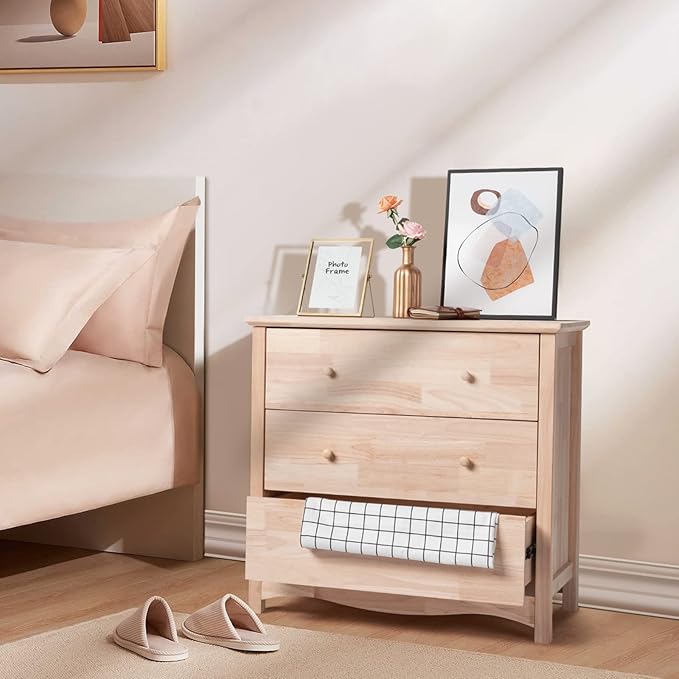 VINGLI Unfinished Solid Wood Dresser Color DIY, 3 Drawer Dresser for Bedroom, Natural Rubber Wood Chest of Drawers, Baby Dressers for Bedroom, Nursery, 17.7" D x 31.5" W x 29.9" H