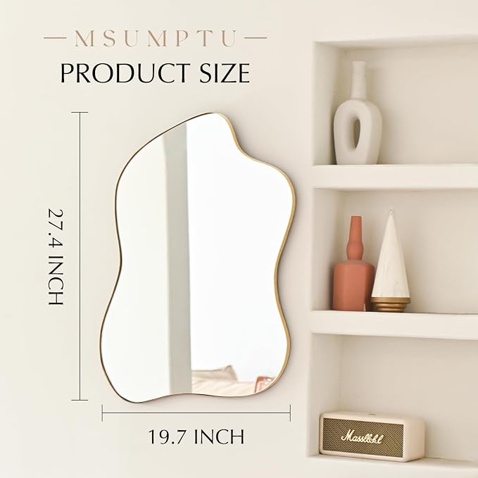 Irregular Wall Mirror Gold Wave Shaped Metal Framed Wall Mirror for Bathroom Bedroom Entryway Living Room Wall Decor 28" L x 20" W 2304Gold