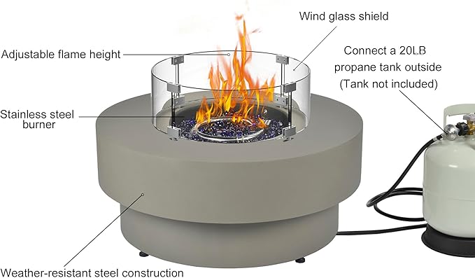 Propane Outdoor Fire Pit Table with Wind Glass Shield, Flint & Concrete Look 32.5-inch Round Patio Gas Fire Table 50,000 BTU w/Lid, Fire Glass, Cover, Pre-Attached 10ft Propane Hose