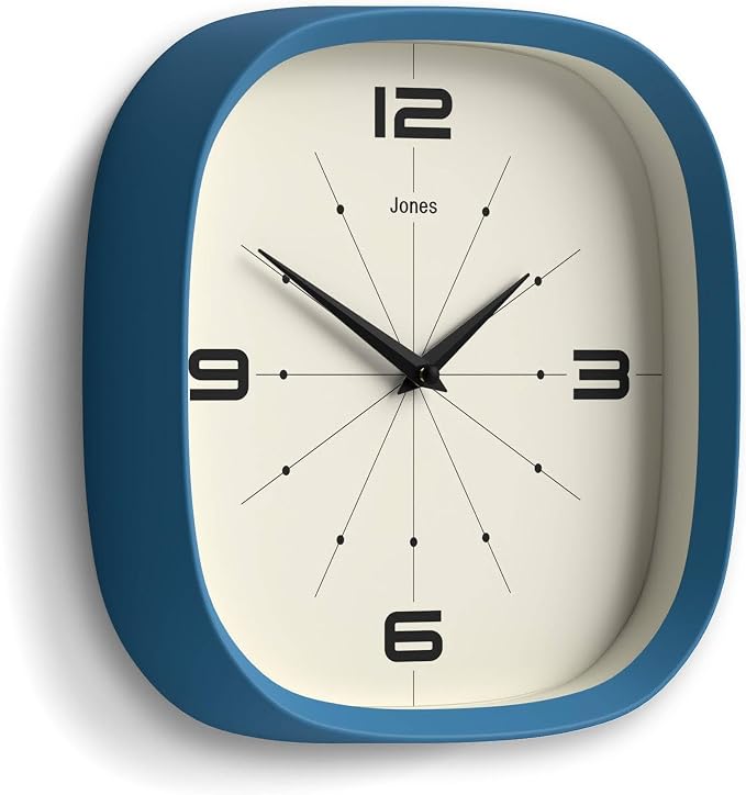 JONES CLOCKS® Pulsar wall Clock | Square Rounded Retro Clock | 10 inch | Blue | Cool Designer Look for Kitchen, Living Room or Office