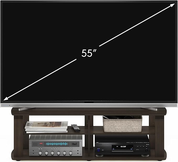 Furinno NELLY TV Stand, 3-Tier Entertainment Center with Open Shelves Storage, TV Console for TV up to 50 Inch, Soft Edges, for Living Room, Bedroom, Dark Brown