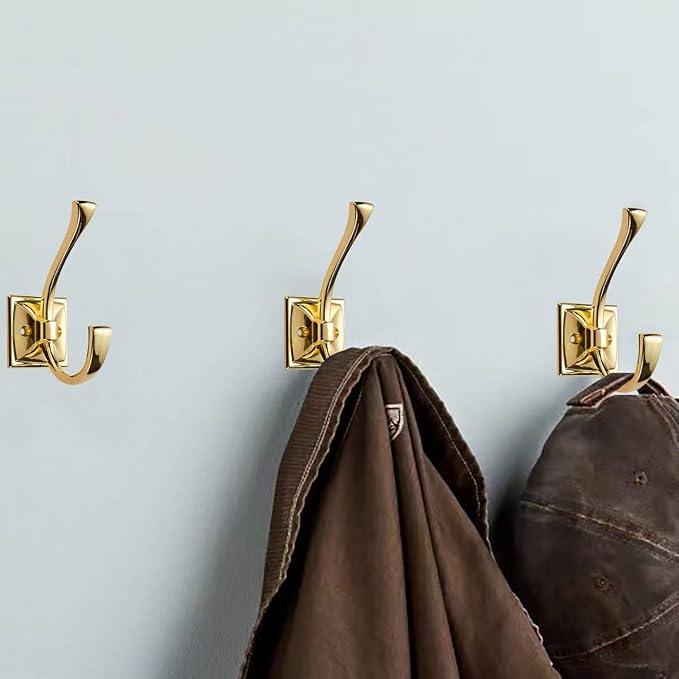 2 Pack Decorative Heavy Duty Towel Hooks for Hanging Robe Double Polished Brass Coat Hooks Wall Mounted with Screws for Key, Towel, Bags, Cup, Hat