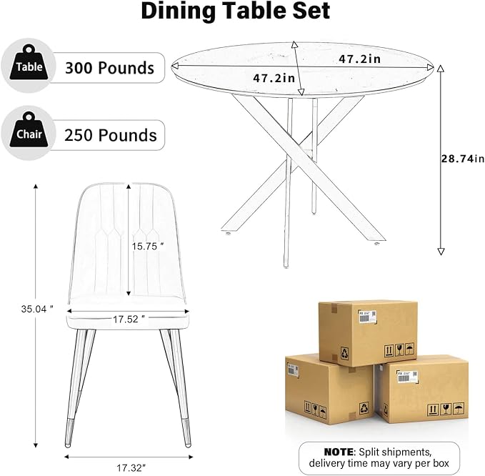 RGZ Mid Century Walnut Round Dining Table Set for 6, 47" Large Wooden Circle Kitchen Table & 6 Black PU Leather Kitchen Chairs, Dinner Table Set for Home, Apartment, Dining Room