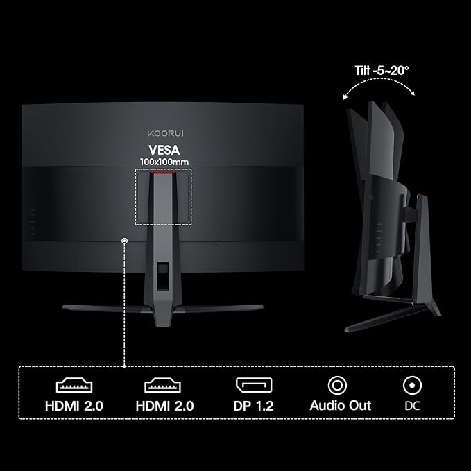 KOORUI 32 inch Curved Gaming Monitor, QHD (2560 x 1440) 2K 170Hz 144Hz Monitor, 1ms 1500R Display, 90% DCI-P3, Adaptive Sync, Tilt Adjustable, VESA Compatible, DisplayPort HDMI, Black