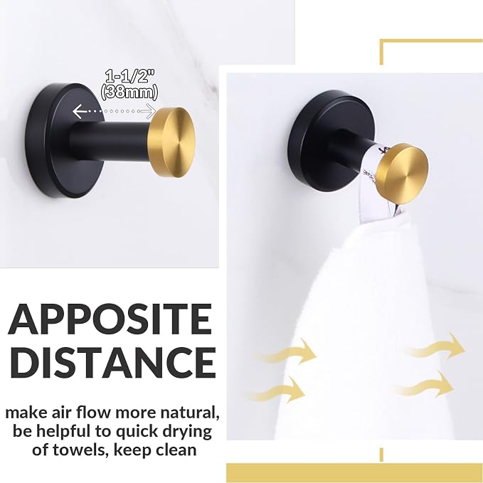 APLusee Black Gold Robe Towel Hook, Stainless Steel Coat Hanger, Clothes Holder for Bath Toilet Accessories, Wall Mounted
