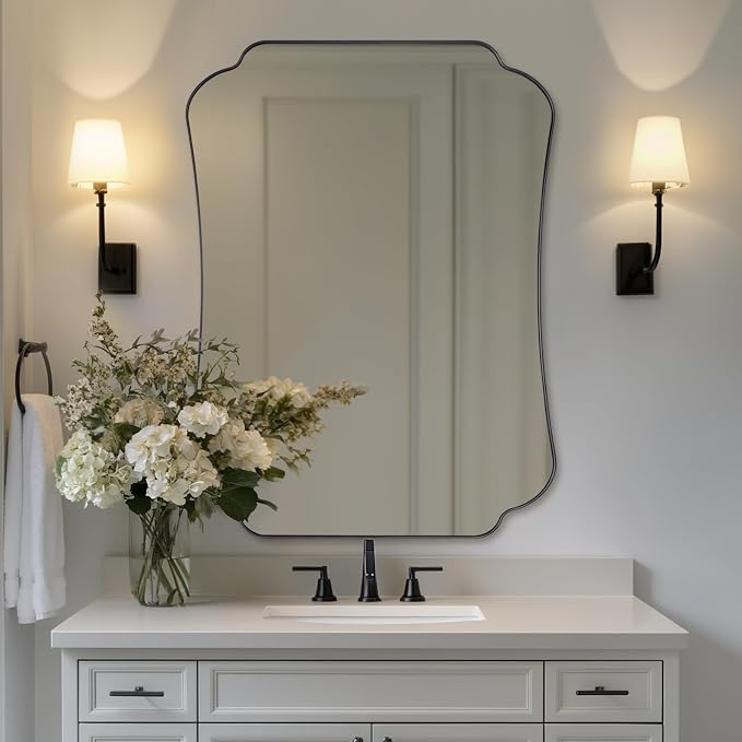 ANDY STAR 30x40 Inch Black Bathroom Mirror, Scalloped Wave-Edge Wall Mirror for Bathroom Vanity, Decorative Modern Vintage Metal Frame Mirror for Living Room, Entryway, Bedroom