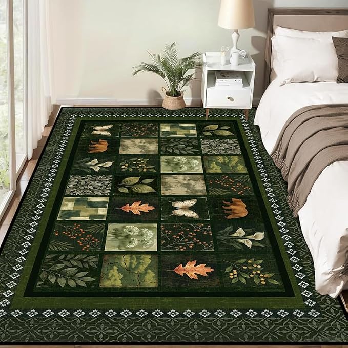 6'x9' Vintage Green Botanical Area Rug Non-Slip Washable Nature Patchwork Carpet Boho Floor Mat Rugs for Bedroom Living Room Nursery Kitchen Playroom Home Decor