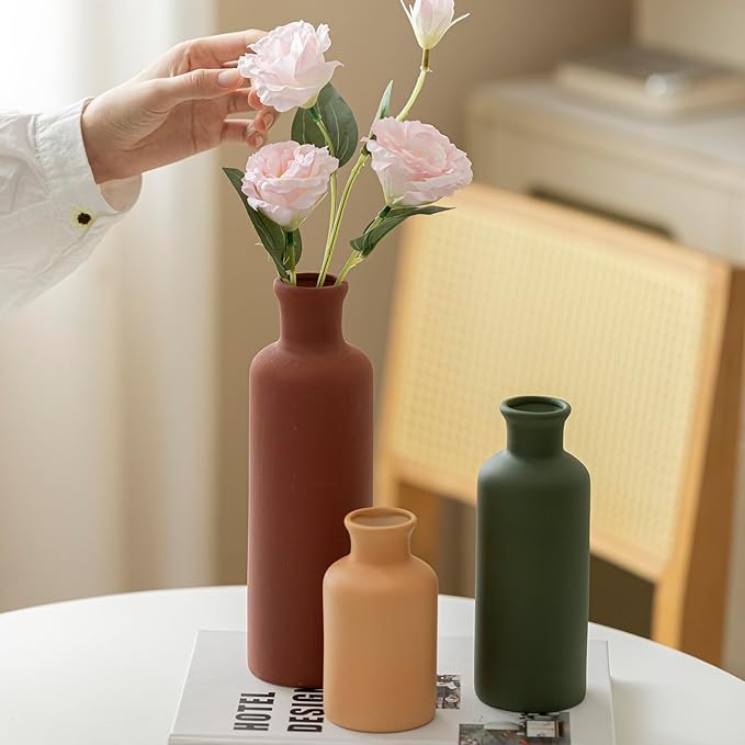 Modern Ceramic Vase Set of 3, Neutral Colors, Decorative Bottles for Home, Farmhouse Rustic Decor, Housewarming Gifts, Wedding Gifts, Bridal Shower Gifts, Birthday Gifts for Women (Green Mix)