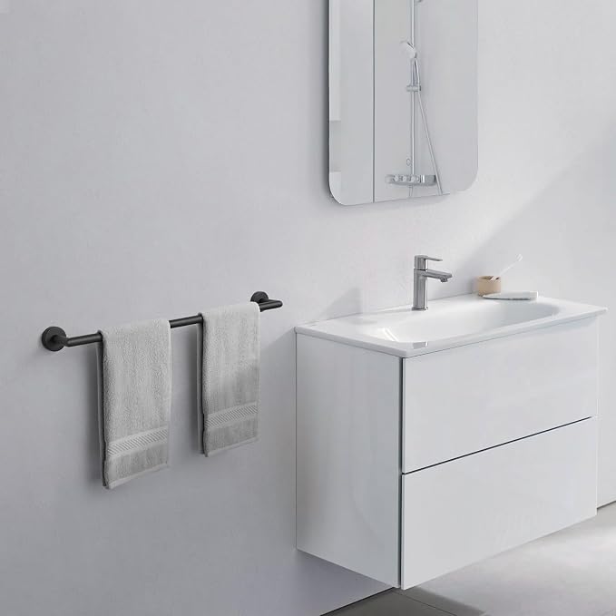 JunSun Matte Black Bath Towel Bar 24 Inch Bathroom Towel Rack Hand Towel Holder Modern Home Decor Towel Rod Bathroom Hardware Black Towel Hanger Towel Rail Towel Shelf Single Towel Bars Wall Mounted