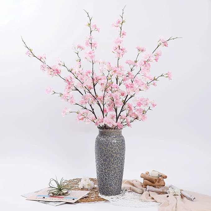 LESING 4pcs Artificial Cherry Blossom Stems,41.4" Realistic Fake Silk Long Stems Artificial Flower Branches for Floor Table Home Wedding Decoration (Pink-1)