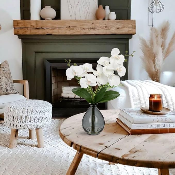Oairse White Orchids Artificial Flowers, Faux Orchid in Glass Vase Real Touch Small Phalaenopsis Orchid Flowers Arrangements with Black Vase Orchids Centerpiece for Dining Room Table