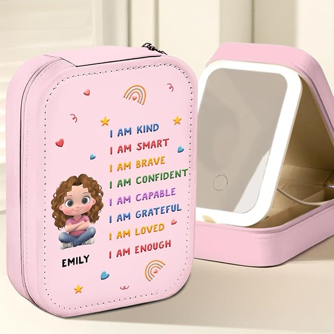 Wrappiness Girls & Women Lovely Makeup Box With LED Mirror - Personalized Jewelry Box Organizer Portable Ideal for Travel, Gift for Daughters Sisters Friends (Kind Smart Loved, Toddler Girls)