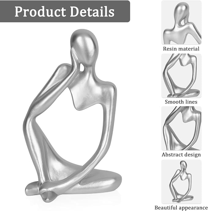 Sandstone Resin Thinker Style Abstract Sculpture Statue Collectible Figurines Home Office Bookshelf Desktop Decor (Small Silver, Left)