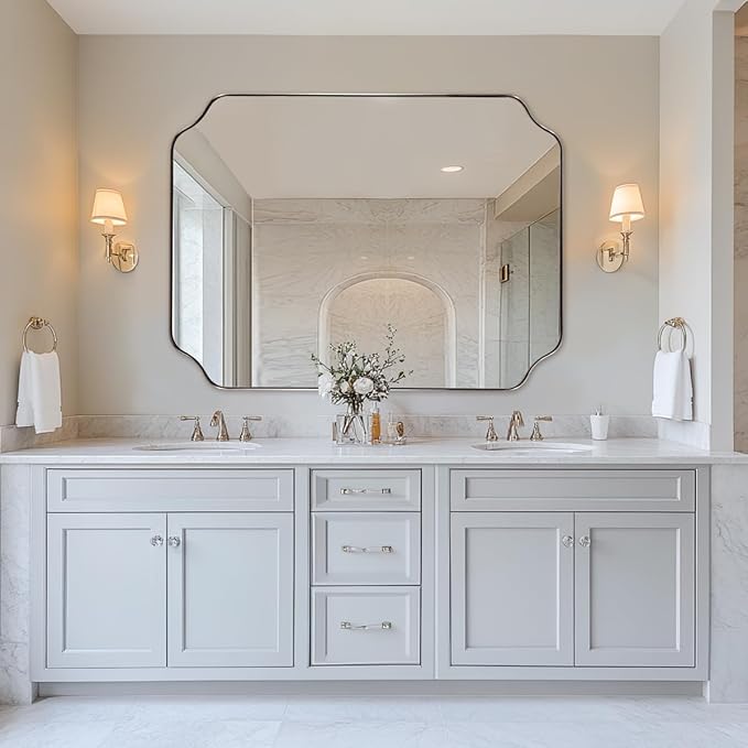 ANDY STAR 36x48 Inch Brushed Nickel Rectangle Mirror, Large Scalloped Bathrom Mirror for Wall, Rounded Notched Corner Designed, Anti-Rust Stainless Steel 1" Frame, Hangs Vertically/Horizontally