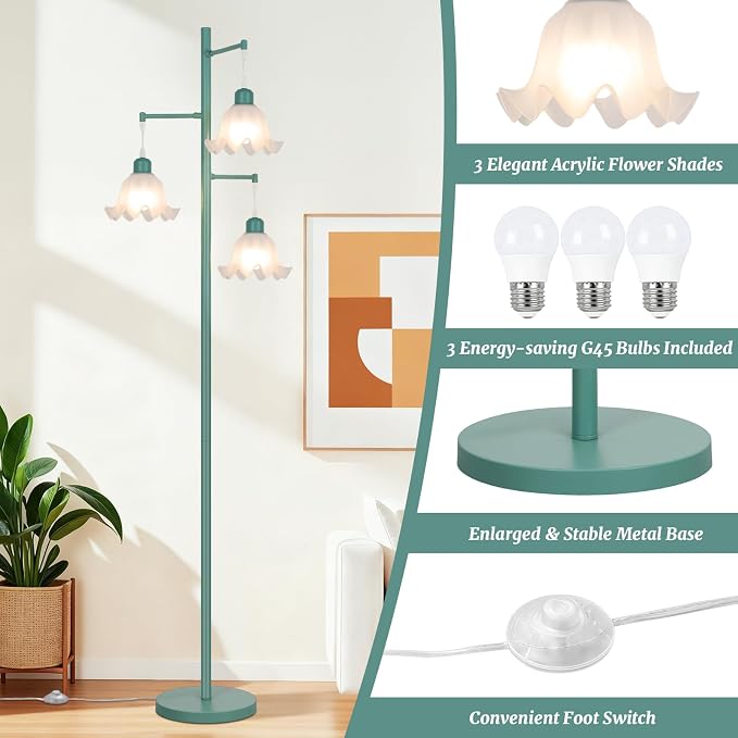 TOBUSA Green Flower Floor Lamp for Living Room, 3-Light Vintage Floor Lamp with 3 LED Bulbs, 68’’ Tall Standing Lamp with White Acrylic Shades, Modern Boho Unique Floral Floor Light for Bedroom Office
