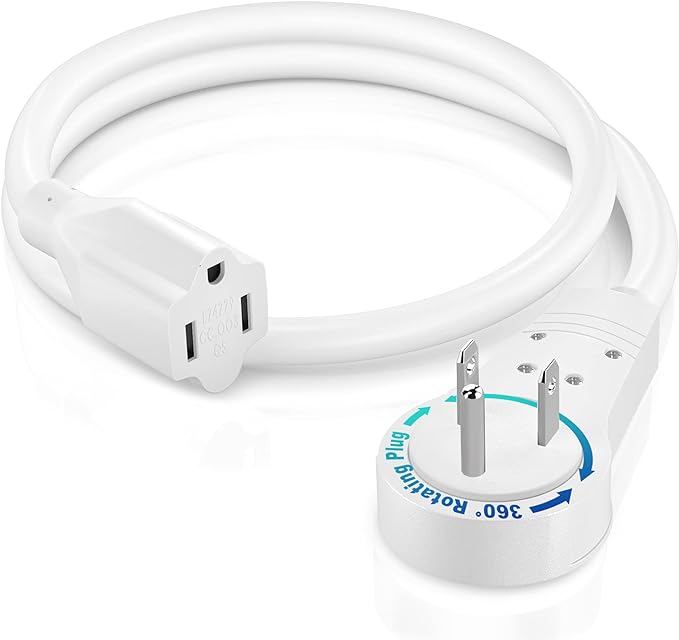 Maximm Cable 1 Feet 14Awg 360° Rotating Flat Plug Extension Cord/Wire, 3 Prong Grounded Wire, Heavy Duty Extension Cord - UL Certified - White