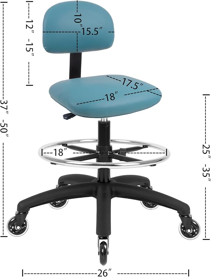 Chair Master FSS Series Square seat Tall (25"-35") seat Height Chair. Vinyl-for Office, Garage, Desk, Shop, Computer, Doctor, Medical, Easy to Clean! 18" Footring (Aqua, Tall, Rubber Roller Casters)