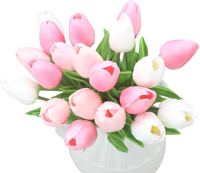 Artificial Flowers 10 Heads Mini Real Touch Artificial Tulip Multicolor Bouquet for Home Wedding Party Centerpiece Decoration (Pink&White&Light Pink)