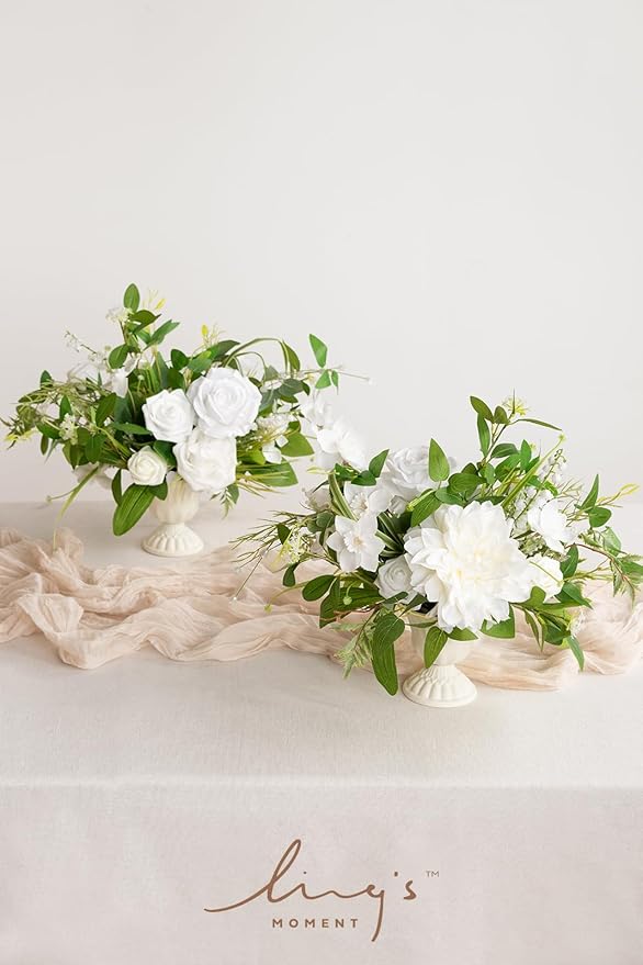 Ling's moment Green White Artificial Flowers with Vase Wedding Table Decor Bouquet Centerpiece Flower Potted for Ceremony Reception Desk Flowers Mantel Archway Aisle, Set of 2