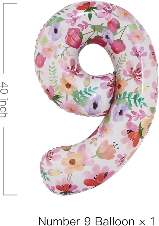 Flower Balloons 40 Inch Floral Number 9 Balloon for 9th Birthday Garden Party Decorations Nine Year Old Photo Props Foil Number 9