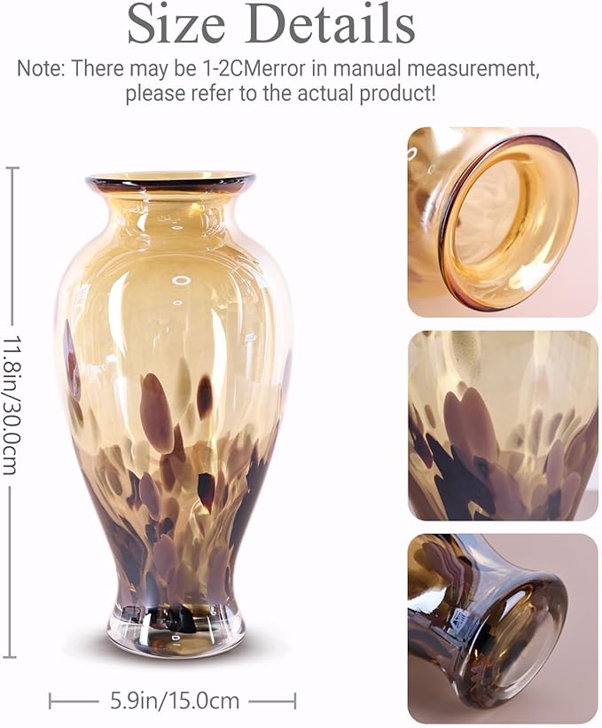 11.8" Tall Amber Gold Glass Vase Beautiful Hand Blown Glass Vase Modern Art Home Decor, Wide Mouth Colorful Vases for Mantle Dining Table Centerpiece, Entryway Living Room Wedding Decoration