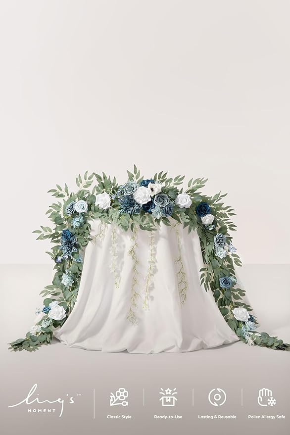 Ling's moment 9FT Spring Flower Garland- Wedding Arch Flowers for Backdrop Decoration, Eucalyptus & Rose, Artificial Floral Garland for Mantle - Sweetheart Head Table Decor for Reception, Dusty Blue