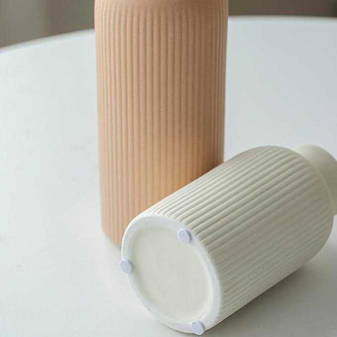 Modern Ceramic Vase Set, Earth Tone Natural Color Ribbed Matte Design, 3-Piece Decorative Vases for Home, Living Room, Office (Coffee Mix)