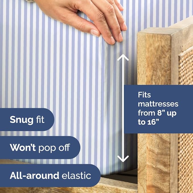 Sky Blue and White Striped Sheets - 1 Flat & 1 Fitted Sheet & 2 Pillowcases w/ Deep Pockets - Comfy, Wrinkle & Fade Resistant - Soft, Breathable & Cooling - Pinstripe Patterned Bedding - King Size