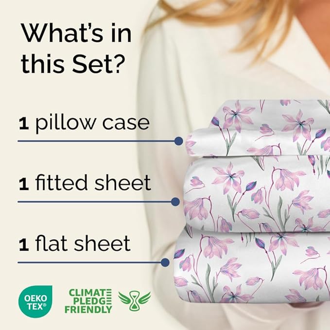 Floral Sheets - Pink Floral Bed Sheet Set - 1 Flat & 1 Fitted & 1 Pillowcase w/ Deep Pockets - Comfy, Wrinkle & Fade Free - Boho Botanical Bedding - Ultra-Soft, Breathable & Cooling - Twin Size Set