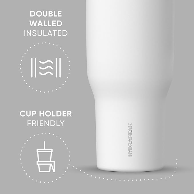 Hydrapeak Voyager 40 Oz Stainless Steel Tumbler with Handle, Insulated Water Bottle With Straw & Lid, Cupholder Friendly Reusable Travel Mug (White)