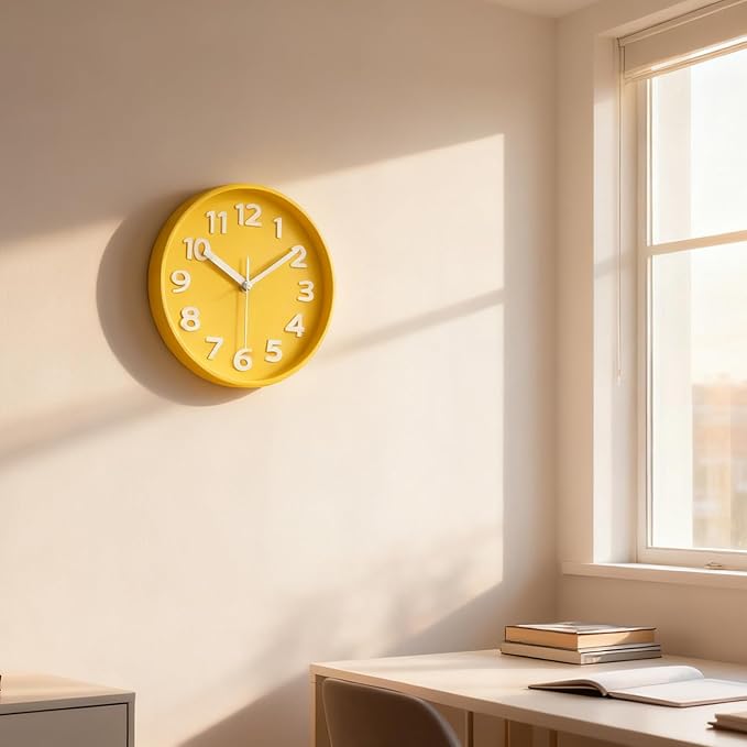 45MinST 8-Inch Yellow Modern Wall Clock – Silent Non-Ticking, 3D Large Numbers, Accurate Timekeeping | Decorative Wall & Desk Clock with Stand for Living Room, Bedroom, Kitchen, or Office