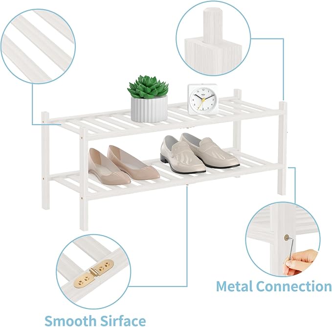 RONGJlA 2 Tier Bamboo Shoe Rack for Closet Free Standing Wood Shoe Shelf Storage Organizer for Entryway Small Space Stackable, White
