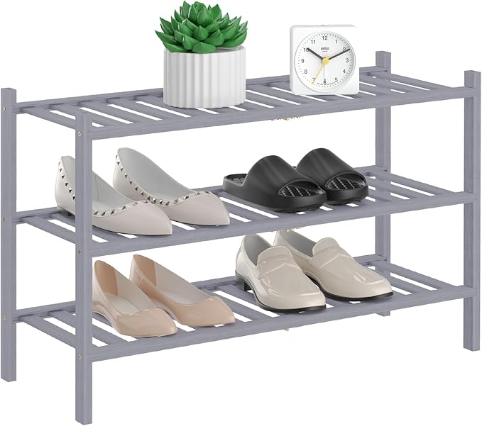 RONGJlA 2 Tier Bamboo Shoe Rack for Closet Free Standing Wood Shoe Shelf Storage Organizer for Entryway Small Space Stackable, Grey