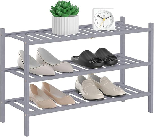 RONGJlA 2 Tier Bamboo Shoe Rack for Closet Free Standing Wood Shoe Shelf Storage Organizer for Entryway Small Space Stackable, Grey