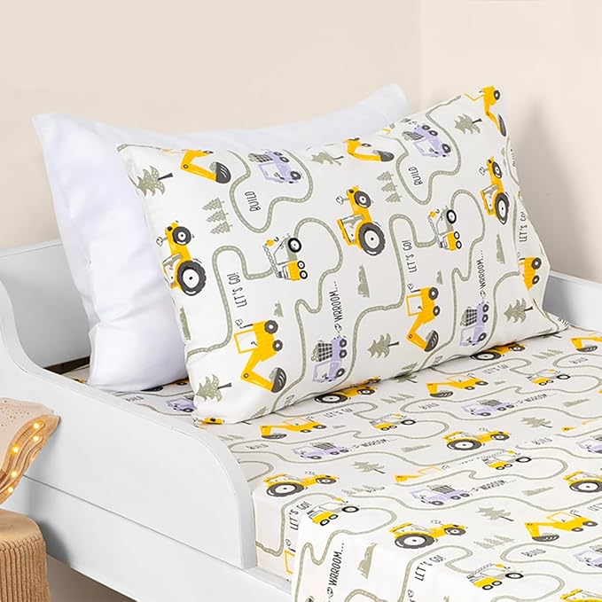 Salt Earth 100% Cotton 210TC Kids Bedsheet, Twin Sheets Set for Toddler Bed, 3 Piece Bedding Set Including Flat Sheet, Fitted Sheet, and Pillowcase, Themed Cute Sheets, Playful Kids Bed (Tractor)