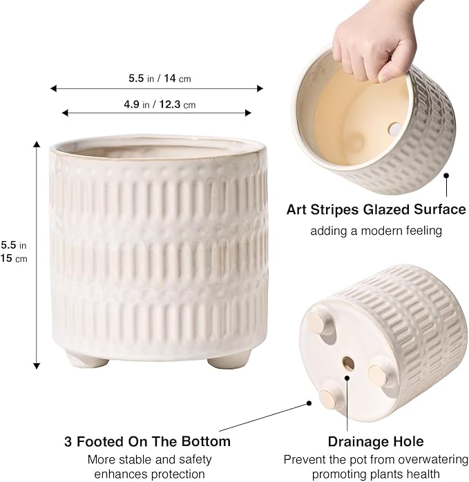 STHIE 5 Inch Ceramic Planters for Indoor Plants, White Cactus Snake Plant Pots with Drainage, Unique Design Round Flower Pot for Home Decoration
