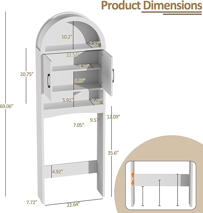Spurgehom Over The Toilet Storage Cabinet, Bathroom Shelf Organizer Freestanding, Bathroom Arch Cabinet Over Toilet with Toilet Paper Holder and Anti-Tipping Device (Narrow Style-White)