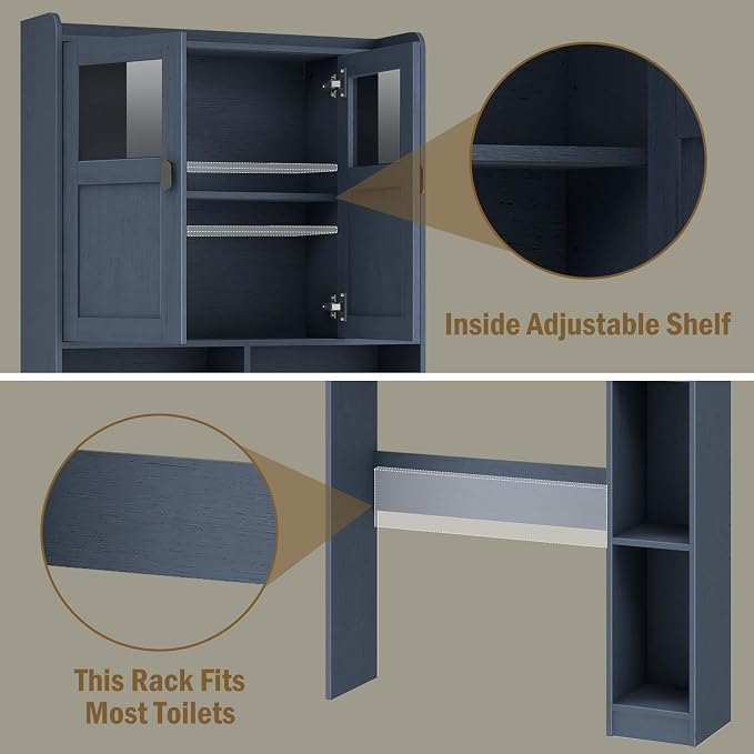 Vabches Over The Toilet Storage Cabinet, Bathroom Shelf Over Toilet with Glass Doors and Adjustable Shelves, Navy Blue Freestanding Home Space Save Toilet Rack, for Restroom, Bathroom, Laundry