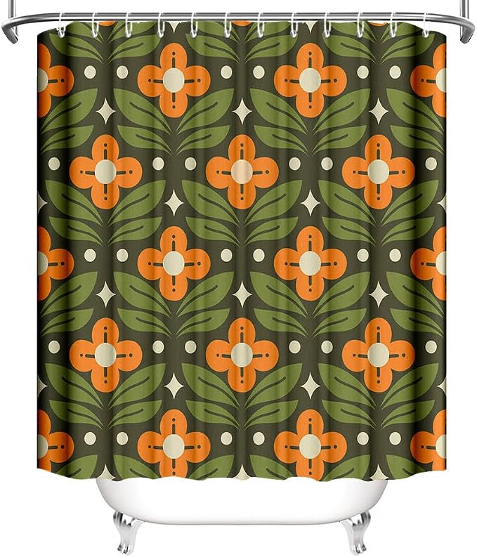 MEHOFOND Orange Floral Green Shower Curtain Vintage Mid Century Modern Abstract Geometric Bathroom Curtain Boho Retro Classic 1950S 1960S Home Bathtub Decor Fabric Waterproof Bath Curtain 72x72 Inch