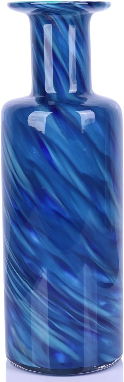 13" H Hand-Blown Glass vase, Modern Art Glass Cylindrical vase, Blue Glass Decorative vase, Ideal for Living Room Dining Table centerpieces, TV Console, Office, or Console Table Decor.