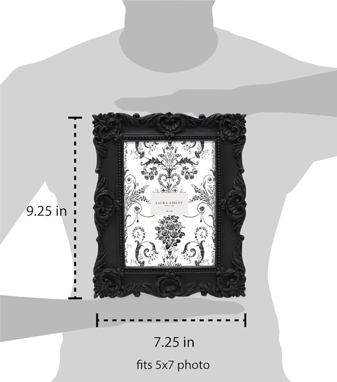 Laura Ashley 5x7 Black Ornate Textured Hand-Crafted Resin Picture Frame with Easel & Hook for Tabletop & Wall Display, Decorative Floral Design Home Décor, Photo Gallery, Art, More (5x7, Black)