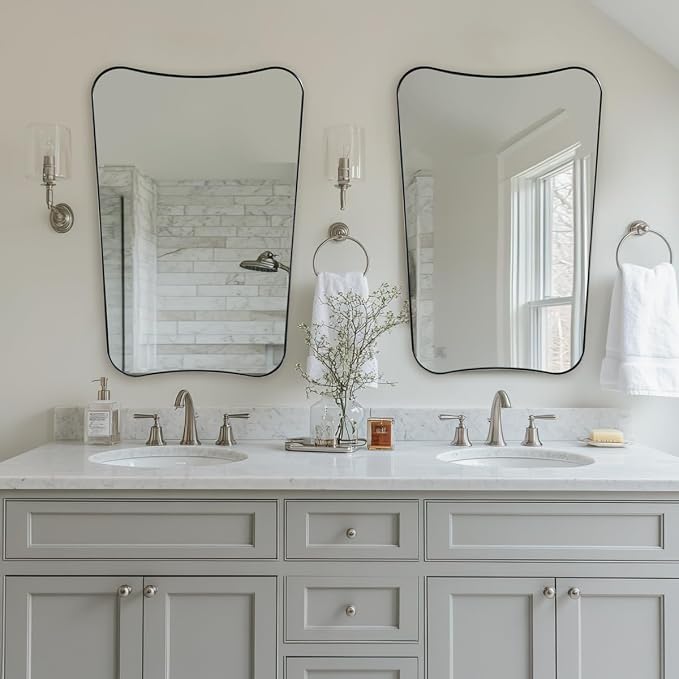 ANDY STAR Brushed Nickel Bathroom Mirror, 24x36 Inch Scalloped Mirror for Bathroom, Modern Irregular Shaped Mirror with Rust-Proof Stainless Steel Thin Frame, Ideal for Bathroom Remodel