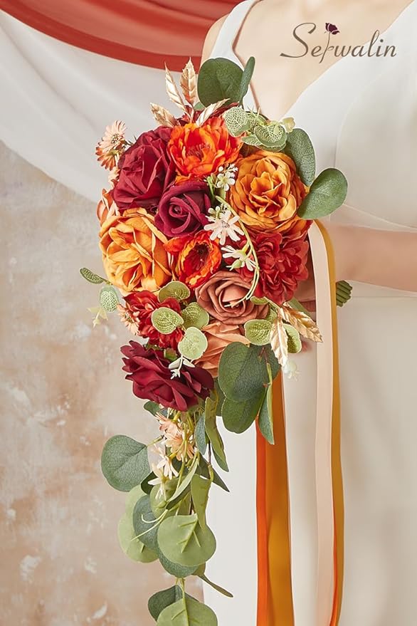 Serwalin 9.8 Inch Wedding Bouquets for Bride Bridesmaid, Orange Burgundy Dahlia Bridal Bouquets for Bride, Wedding Flowers Bouquet, Wedding Ceremony and Anniversary Decor