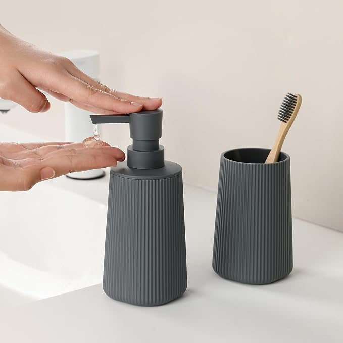 YAUKPH Bathroom Accessories Set 2 Piece Soap Dispenser and Toothbrush Holder for Bathroom Countertop Striped Gray