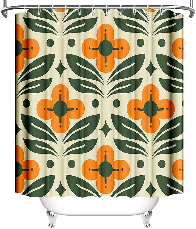 MEHOFOND Orange Floral Shower Curtain Vintage Mid Century Modern Abstract Geometric Green Plant Bathroom Curtain Boho Retro Classic 1950S 60S Bathtub Decor Fabric Waterproof Bath Curtain 72x72 Inch
