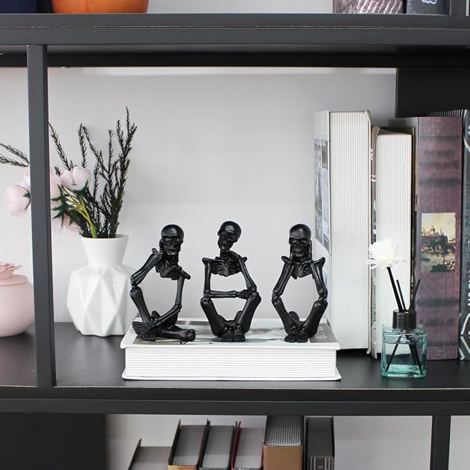 Black Skeleton Decor Set of 3, Thinker Skeleton Figurines for Home Decor, Gothic Shelf Decor Aesthetic, Resin Halloween Decorations for Bookshelf, Desk, Coffee Table