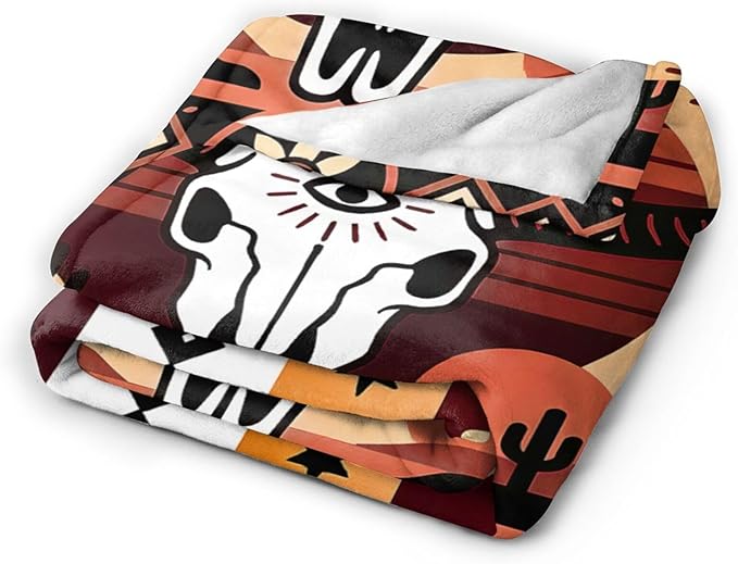 Western Boho Bull Skull Blanket Southwest Aztec Tribal Southwestern Navajo Throw Blanket Soft Cozy Fleece Fuzzy Stuffed Plush Flannel Gifts for Girls Women Boys Kids Adults 50''x60''