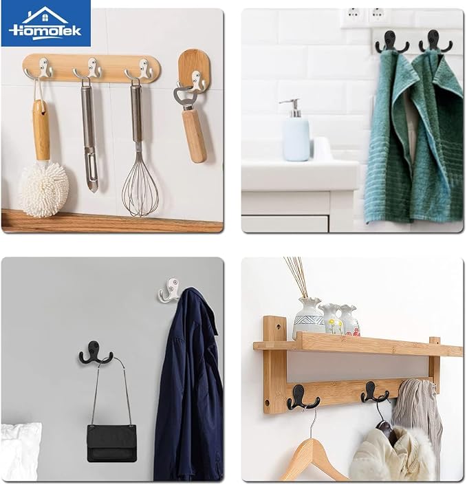 HOMOTEK 10 Pack Heavy Duty Coat Hooks Wall Mounted Double Prong(Left and Right) Rustproof Coat Hook Hardware Retro Dual Robe Hanger for Coat,Towel, Scarf, Hat, Bag, Key, Shoes, Matte Black