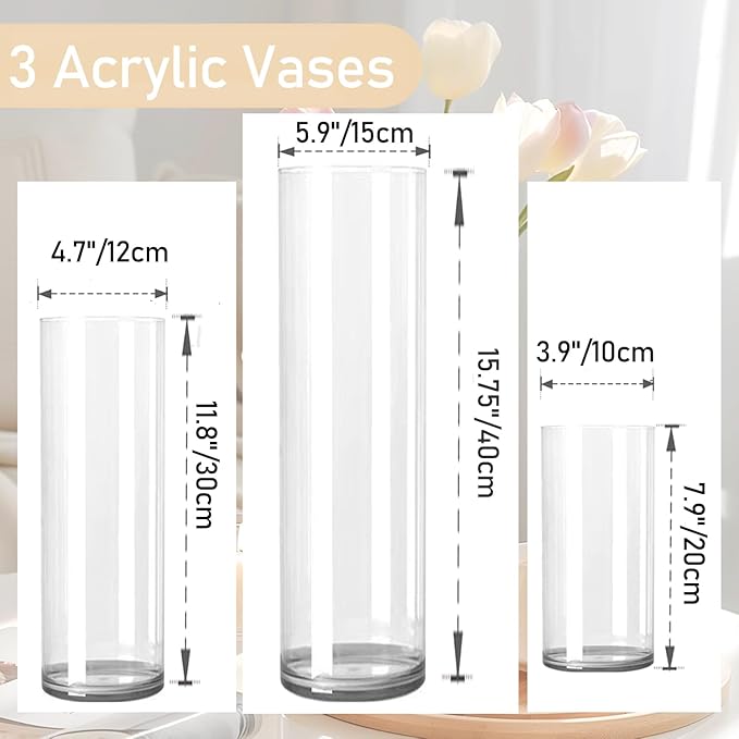 3 Large Acrylic Clear Cylinder Vase Set, 16" 12'' 8'' Tall Floor Large Flower Vase, Unbreakable Plastic Hurricane Vases, Different Size for Living Room, Desk, Wedding Centerpieces Flower Bouquet Décor