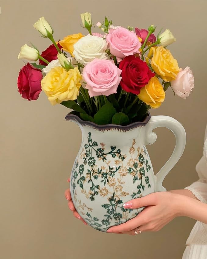 Vintage Ceramic Flower Pitcher Vase Home Decor - Tabletop Rustic Large Vase for Decor Living Room Bookshelf Office Kitchen Cottage, White Vases for Bouquet, with Handle | Grand Millennial | 8.3inch